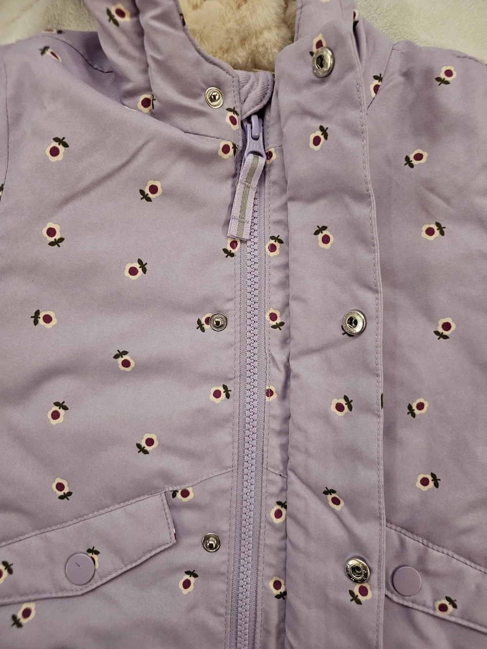 Cat & Jack Lavender Hooded Quilted Coat with Cream Faux Fur Lining